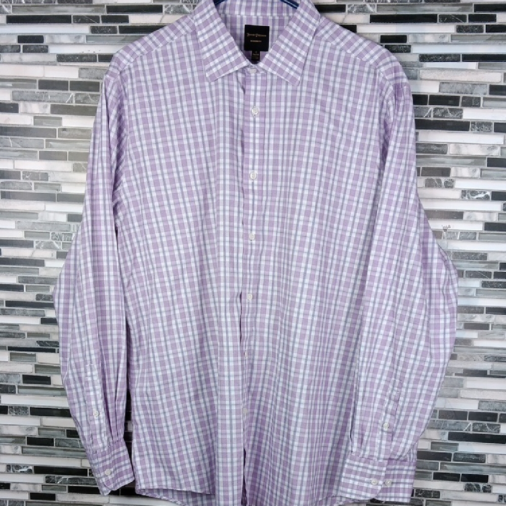Hickey Freeman Lavender Plaid Button Down Dress Shirt 17 34/35 Preppy Casual